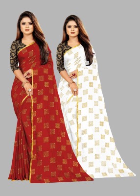 Aardiva Printed Bollywood Chiffon Saree(Pack of 2, Red, White)