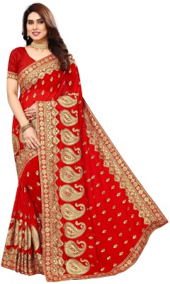 b bella creation Embroidered Bollywood Georgette Saree(Red, Gold)