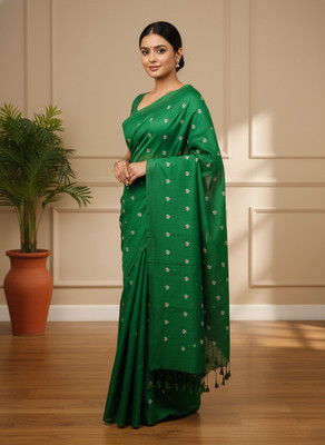 BRYNBRIT Embroidered Handloom Cotton Blend Saree(Light Green)