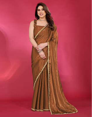 Satrani Solid/Plain, Embellished Bollywood Chiffon, Lace Saree(Brown)
