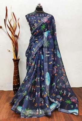 KHANUDI Digital Print Bollywood Handloom Cotton Linen Saree(Multicolor)