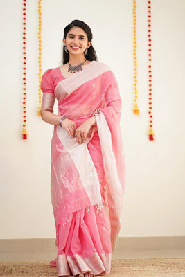 Bansari Textiles Self Design, Woven, Printed, Applique Kanjivaram Cotton Linen, Jacquard Saree(Pink)