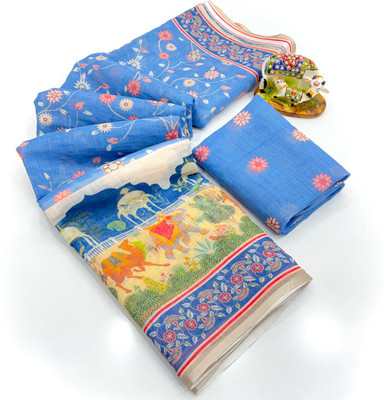 SDGRATITUDE Printed Banarasi Linen, Cotton Linen Saree(Blue)