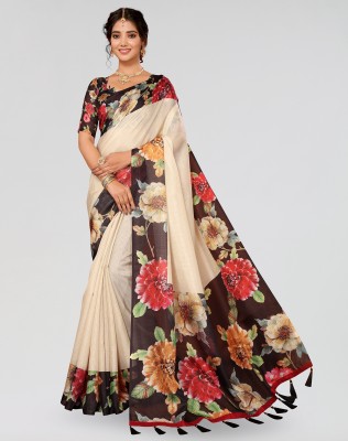 ANIRAV Floral Print Bollywood Cotton Silk Saree(Black)