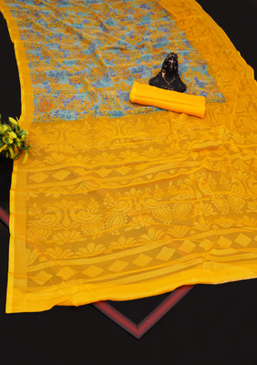 Hensi sarees shop Self Design Pochampally Chiffon, Brasso Saree(Yellow)