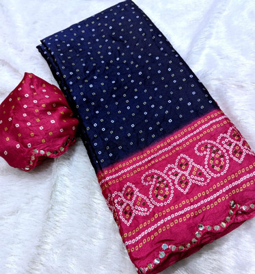 Yogik Creation Floral Print Bandhani Art Silk Saree(Blue)