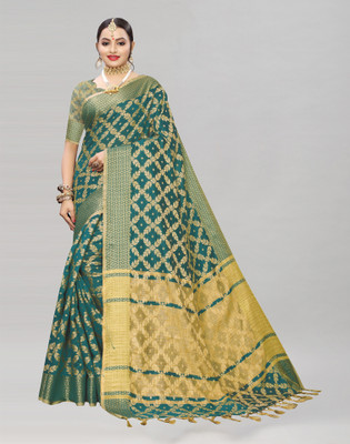 Samah Woven, Embellished Kanjivaram Jacquard, Pure Silk Saree(Green)
