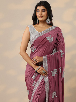 LIBAS Embroidered Daily Wear Silk Blend Saree(Purple)