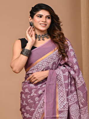 Taavi Printed Daily Wear Cotton Blend Saree(Purple)