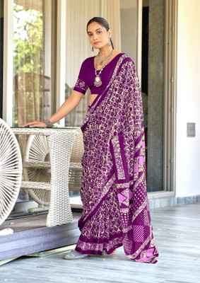 Divastri Blocked Printed Chanderi Cotton Blend Saree(Purple)