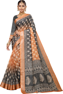 Gajal Printed Kanjivaram Pure Cotton, Cotton Linen Saree(Black, Yellow)