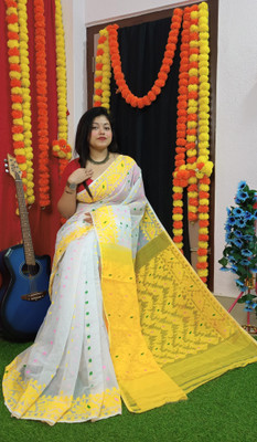 Revival Woven Jamdani Cotton Blend Saree(White, Yellow)