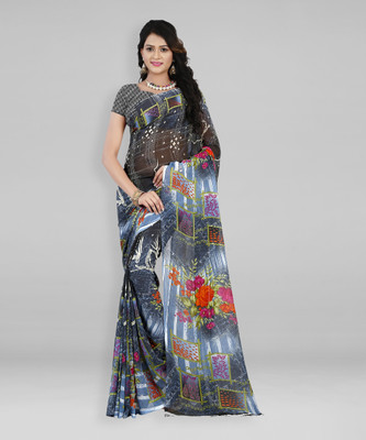 kashvi sarees Ombre, Striped, Floral Print Daily Wear Georgette Saree(Black)