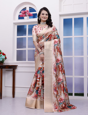 sadika Floral Print Bollywood Dupion Silk Saree(Multicolor)