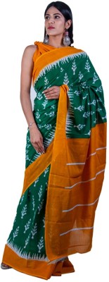 RAMNATHS Printed, Blocked Printed, Hand Painted Bollywood Pure Cotton Saree(Yellow, Green)