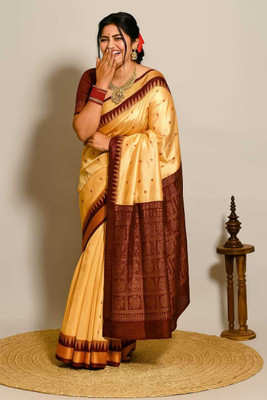 Afronza Temple Border, Woven, Striped Sambalpuri Silk Blend, Pure Silk Saree(Cream, Brown)