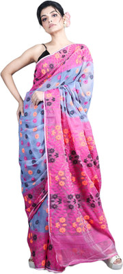 basak creation Woven Jamdani Cotton Blend Saree(Pink)