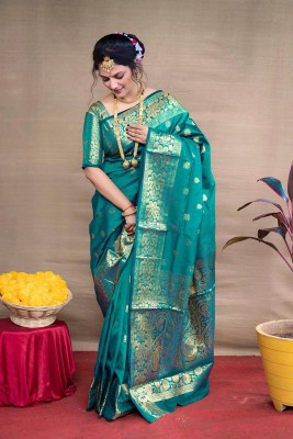 Anjaneya Sarees Woven Banarasi Silk Blend Saree(Light Blue)