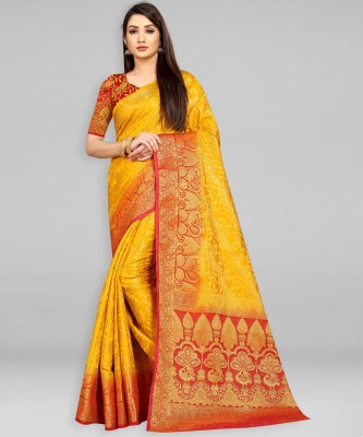 Divastri Woven Banarasi Silk Blend Saree(Red, Mustard)