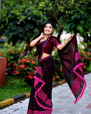 Garbguru Woven Mekhela Chador Pure Cotton Saree(Black)