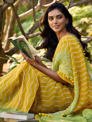 ANOUK Printed Hand Batik Cotton Blend Saree(Yellow)