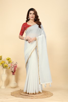 AA ONE ENTERPRISE Solid/Plain Chanderi Cotton Blend Saree(White)