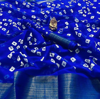 Harshiv Enterprise Printed Bandhani Cotton Blend Saree(Blue)