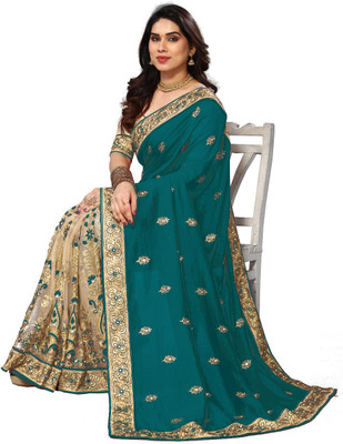 sadgun creation Embroidered Bollywood Lycra Blend Saree(Multicolor, Cream)