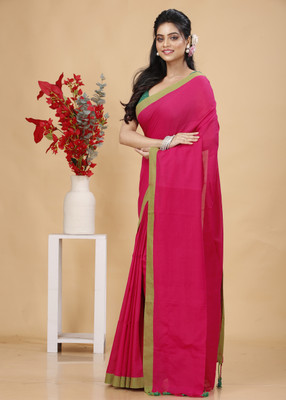 Sampa Das Solid/Plain Handloom Pure Cotton Saree(Pink)