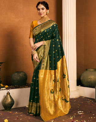 Samah Woven, Embellished Paithani Silk Blend, Jacquard Saree(Yellow, Green)