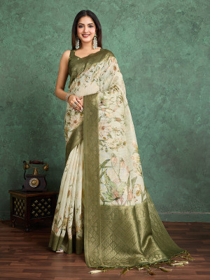 Divastri Printed Banarasi Linen Saree(Green)