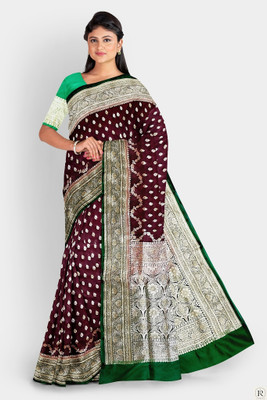 HouseOfCommon Woven, Self Design Banarasi Silk Blend Saree(Brown)