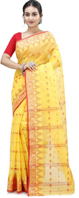 Bong ButiQ Woven Tant Handloom Pure Cotton Saree(Yellow)