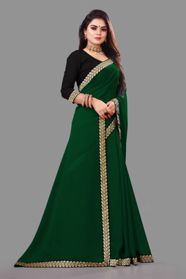 jaybajrangfab Temple Border, Solid/Plain Bollywood Georgette Saree(Green)