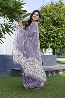 MIRCHI FASHION Printed, Blocked Printed Hand Batik Chiffon Saree(Purple, White)