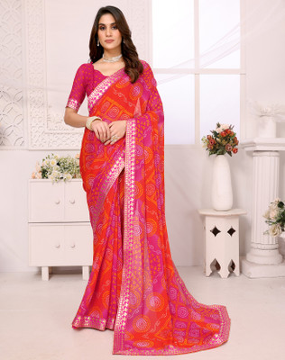 Divastri Printed Bandhani Georgette, Lace Saree(Pink)