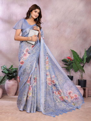 Soor Panchi Floral Print Bollywood Cotton Silk Saree(Light Blue)