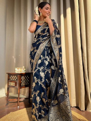 Dhruvil Impex Self Design Banarasi Pure Silk Saree(Dark Blue)