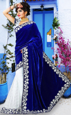 Anugrah Textile Embroidered Banarasi Net, Velvet Saree(White, Blue)