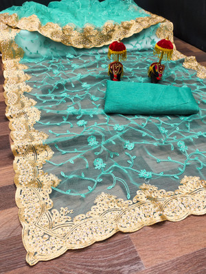 FINERFLY Embroidered Bollywood Net Saree(Blue)