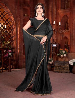 Vivan Fab Solid/Plain, Embellished Bollywood Silk Blend Saree(Black)