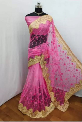SkyFlock Embroidered, Embellished Bollywood Net Saree(Pink)
