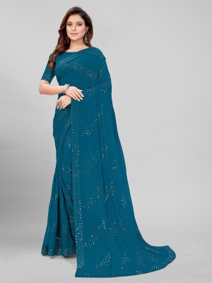 Hirvanti Fashion Self Design, Embroidered, Embellished Bollywood Georgette Saree(Blue)