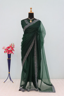 JennyFeb Villa Embellished Bollywood Supernet Saree(Green)
