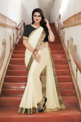 Volmina Solid/Plain Chanderi Cotton Blend Saree(Cream)