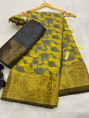 SARIMANIA Woven Kanjivaram Art Silk, Pure Cotton Saree(Yellow)