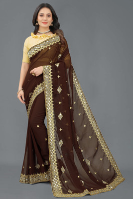 NFL NQUEEN Embroidered Bollywood Georgette Saree(Brown)