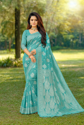 Moda Rapido Woven Banarasi Cotton Blend Saree(Light Blue)