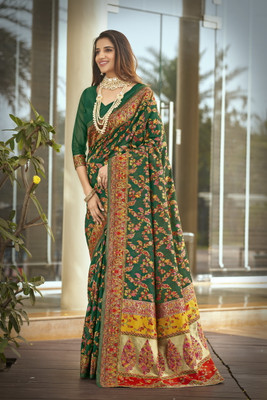 Sariya Woven Kalamkari Jacquard, Silk Blend Saree(Green)