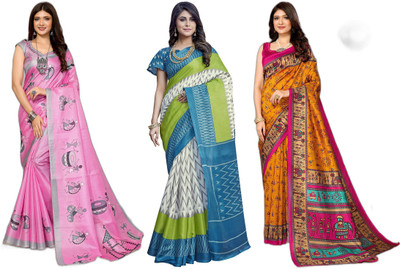 Nirvaan Printed, Woven Daily Wear Art Silk Saree(Pack of 3, Pink, White, Blue, Yellow)